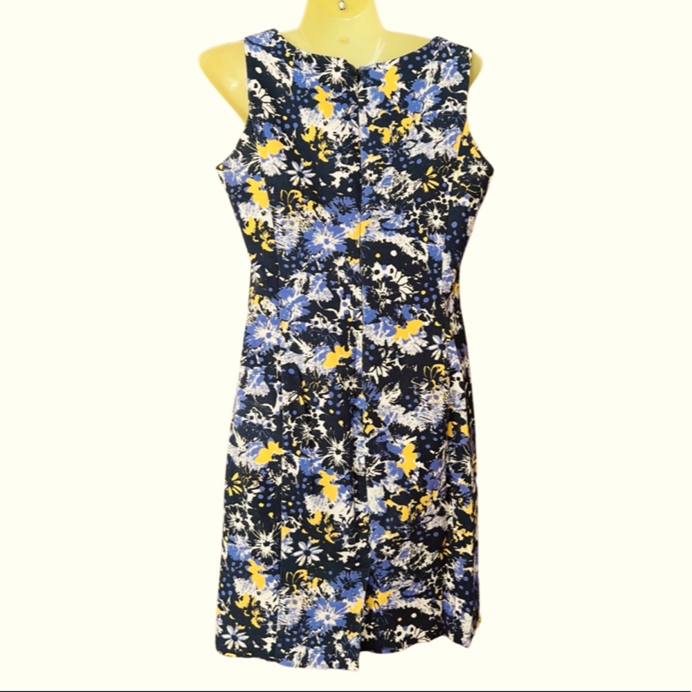 Summer Sheath Dress Blue Yellow Floral Sleeveless 8 Petite 8P Medium TALBOTS
